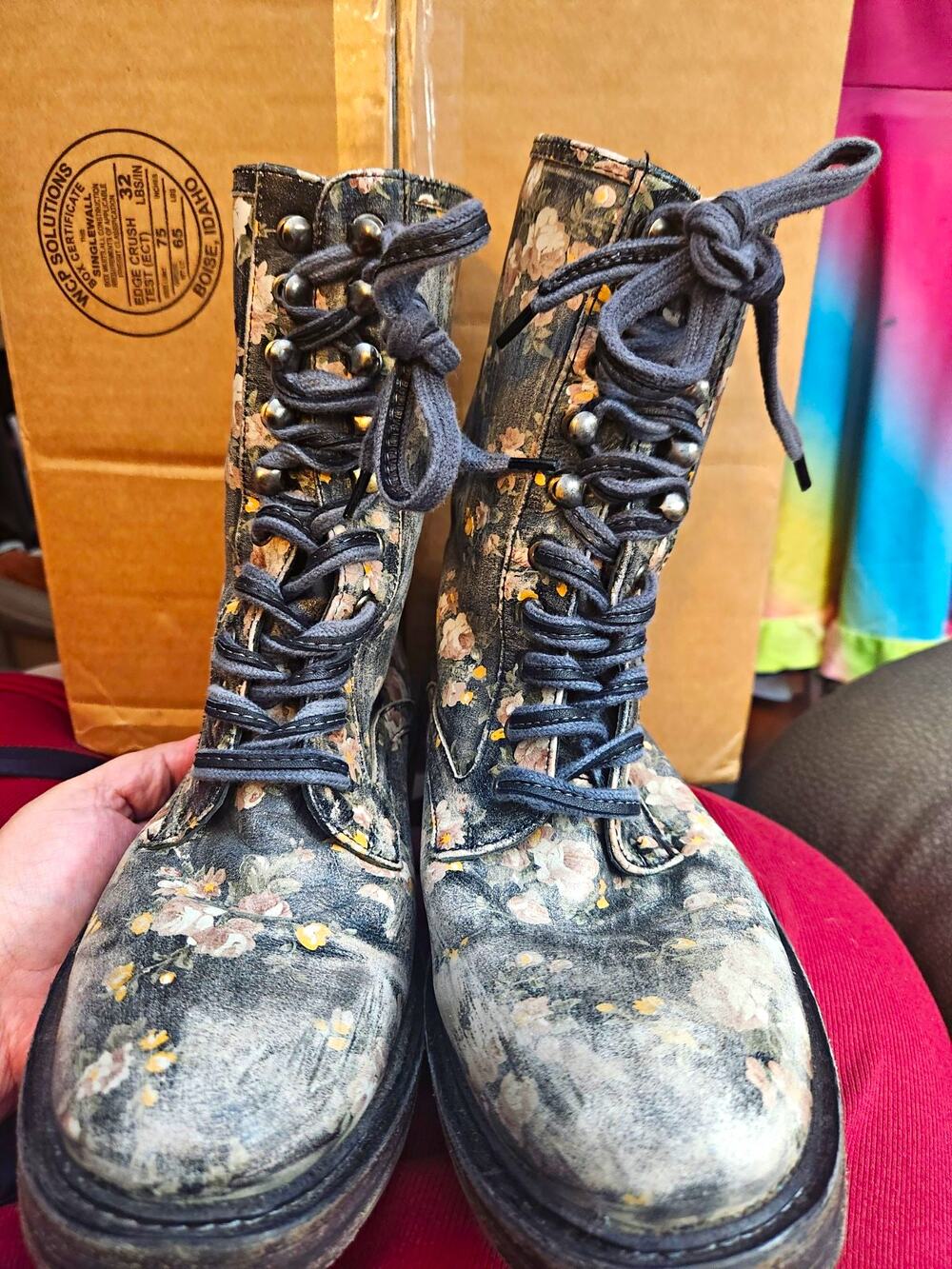 Free People Santa Fe Floral Leather Combat Boots EU 39 Distressed Boho Lace Up